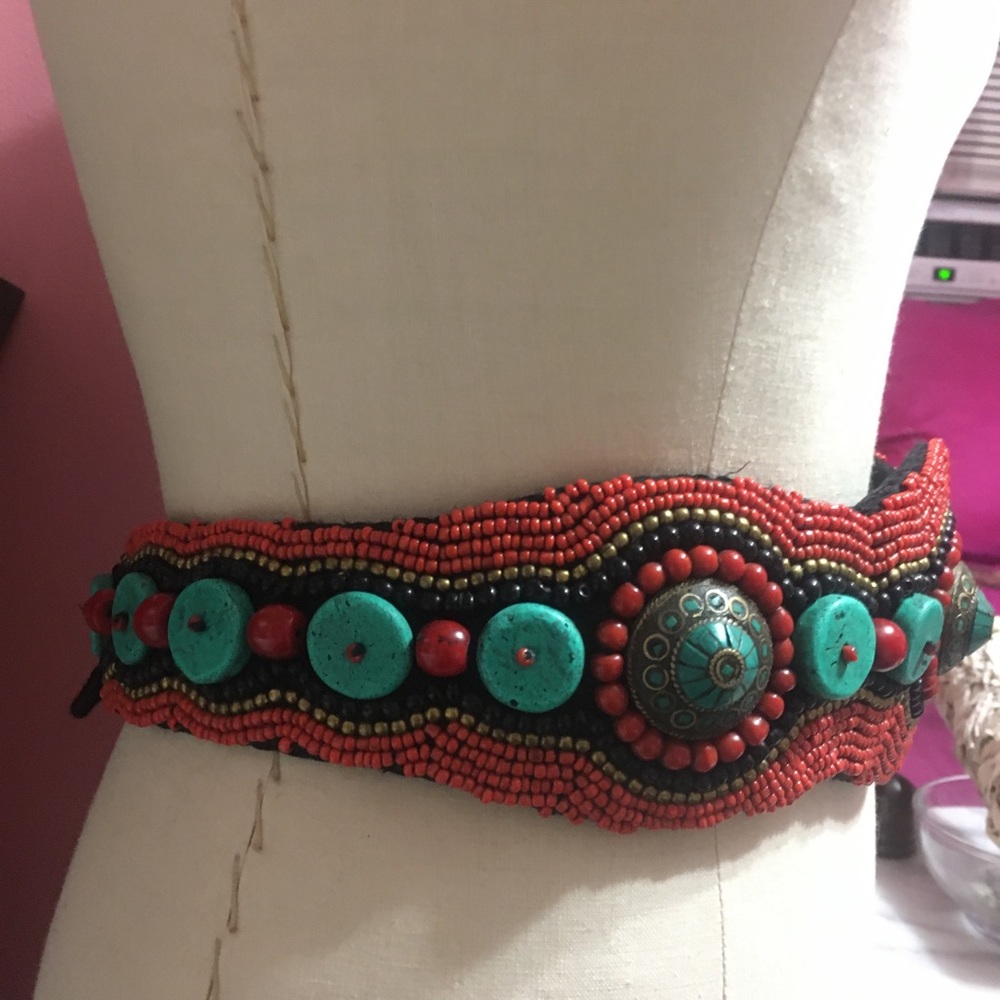 Turquoise and coral handmade belt.  No brand.  Artisan made.  Gorgeous! - Picture 6 of 7